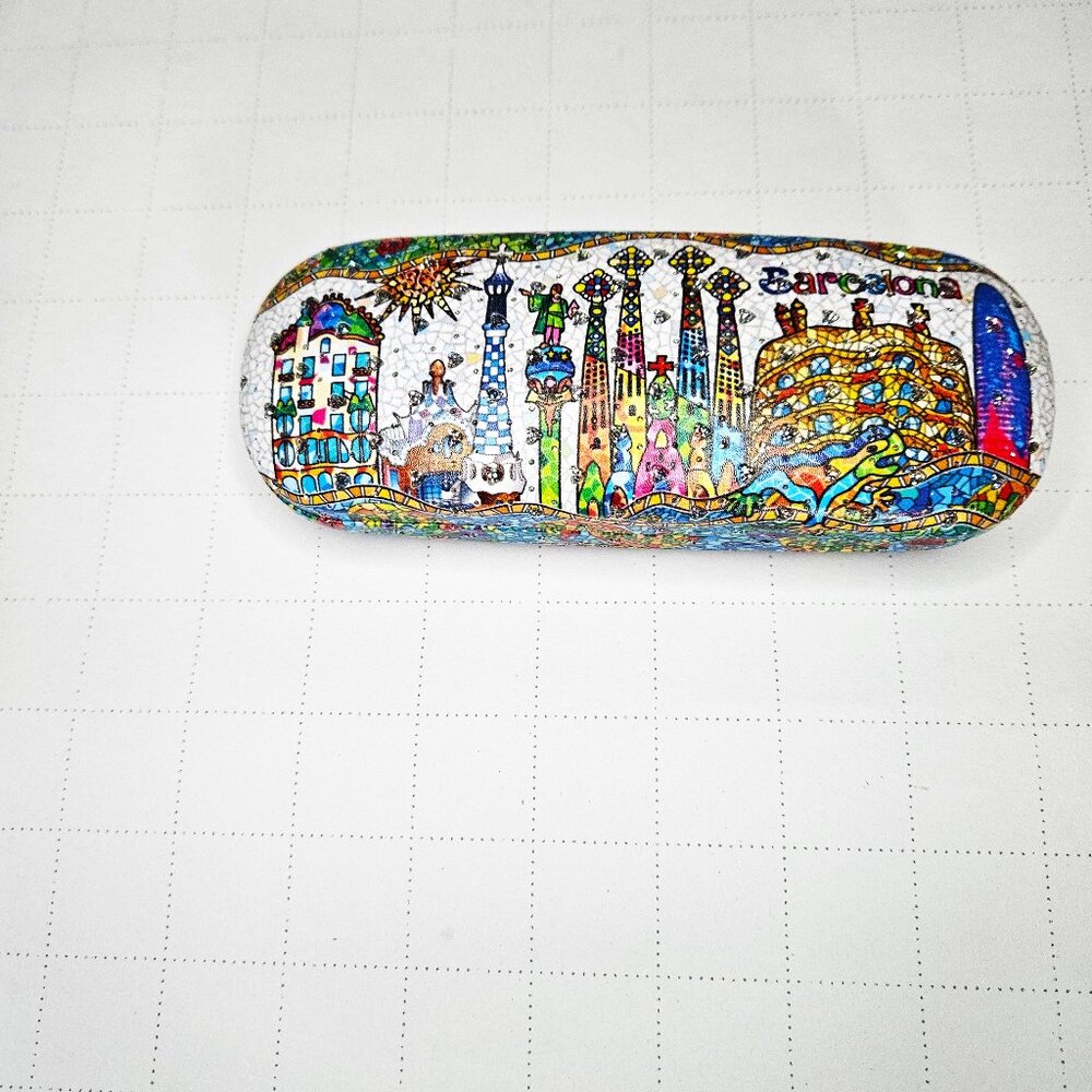 Mosaic Style Eyeglass Hard Case with Snap Shut Feature Depict Iconic Barcelona